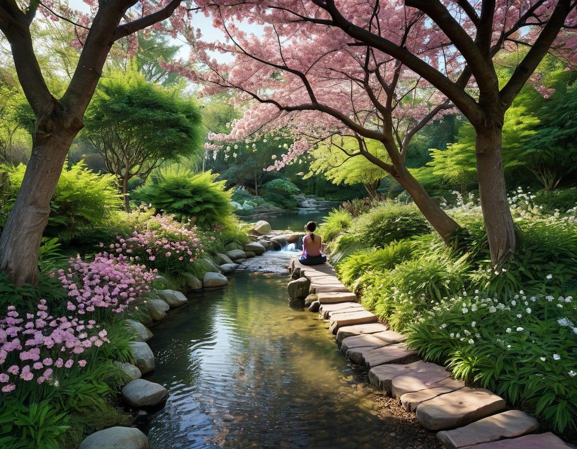 A serene landscape featuring a tranquil forest path leading into a lush garden, with a person practicing mindfulness through meditation under a blooming cherry blossom tree. Include elements like colorful flowers, a gentle stream, and soft sunlight filtering through the leaves, symbolizing personal growth and exploration. tranquil atmosphere. vibrant colors. super-realistic.