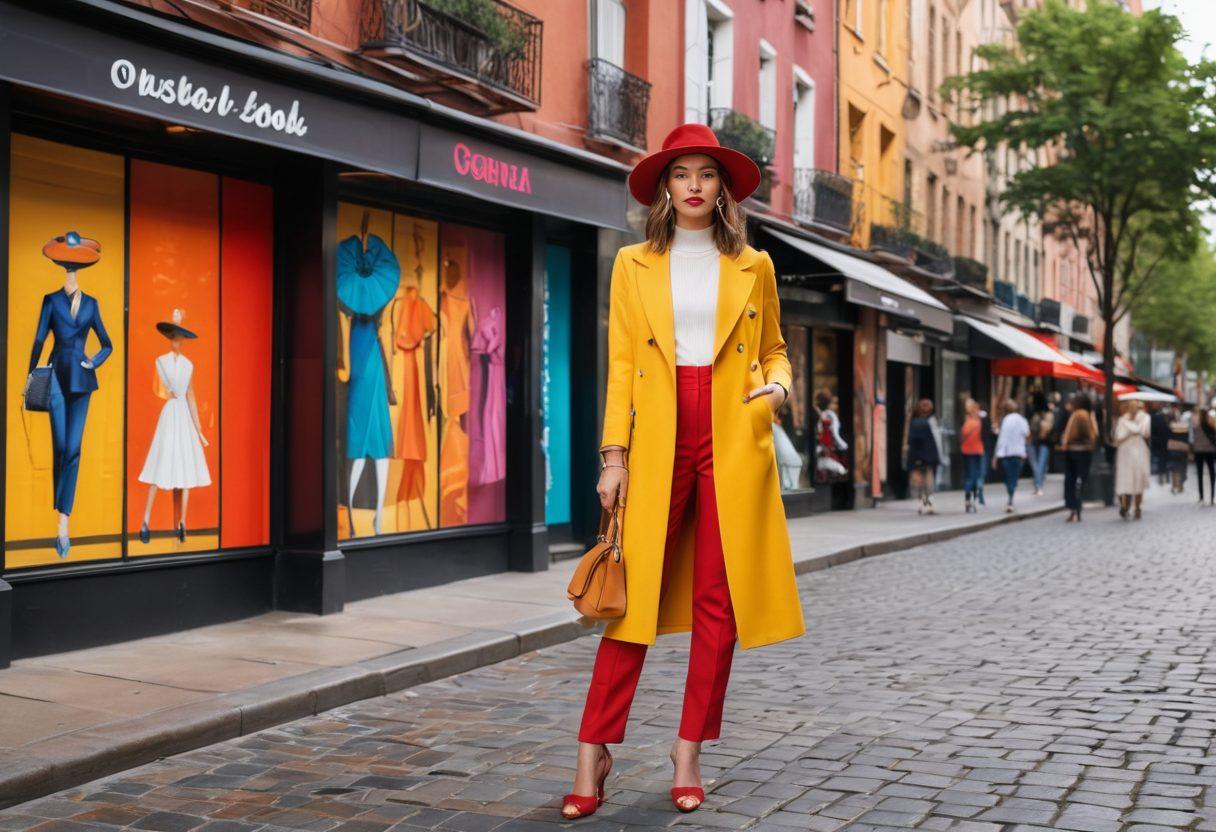 An elegant fashionista, standing confidently with diverse outfits representing different life stages and styles. Surround her with iconic fashion elements like hats, shoes, and accessories that reflect global trends. The background should be a stylish urban setting, merging vibrant street art with high-end boutiques, symbolizing the blend of personal and contemporary fashion journeys. super-realistic. vibrant colors. dynamic background.