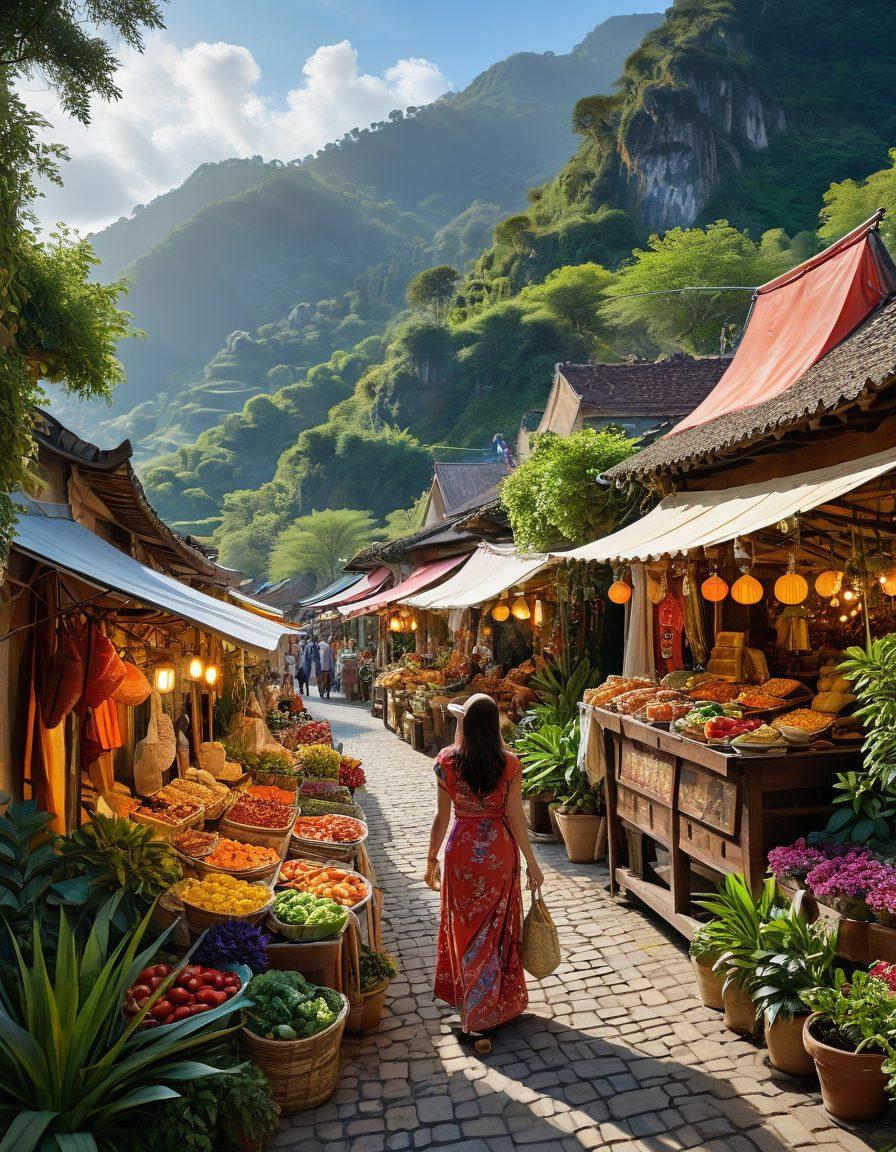 A whimsical landscape showcasing diverse cultures, with a winding road leading through vibrant market stalls filled with exotic foods, fashionable travelers dressed in colorful attire, and breathtaking natural scenery in the background. Capture the essence of personal growth and adventure. luminous colors. painterly style. inspirational ambiance.